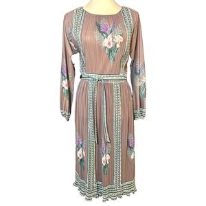 Vintage Hal Ferman Dress 1970s Boho Sheer Brown Pleated Pink Floral Size 12